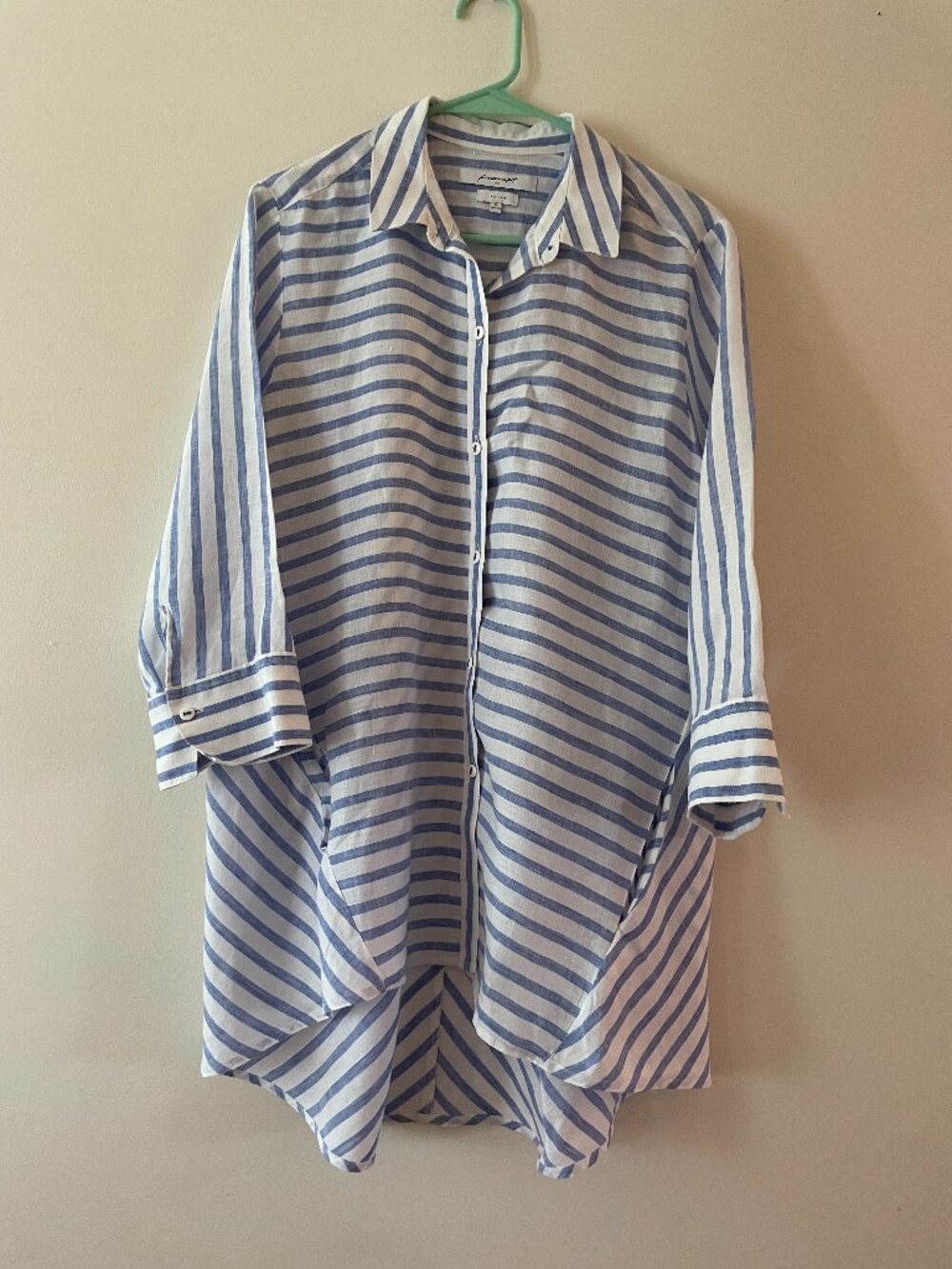 Foxcroft Relaxed Fit Oversized Linen Button Down Tunic Blouse Blue White Stripe